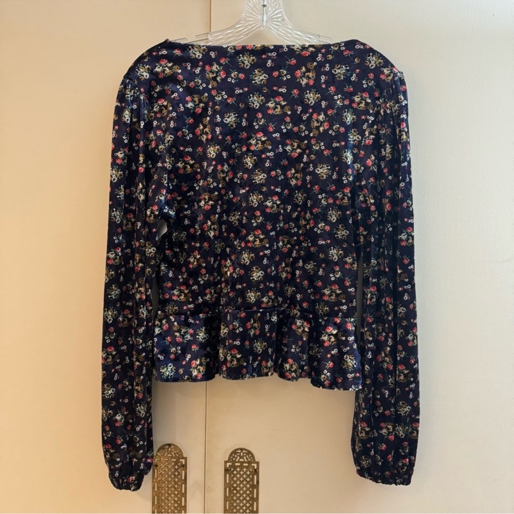 Topshop blue floral print velvet top hook and eye closure size 10 medium - Picture 8 of 11